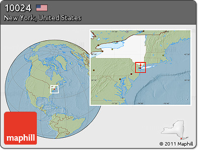 Savanna Style Location Map of ZIP Code 10024, highlighted county, highlighted state, hill shading