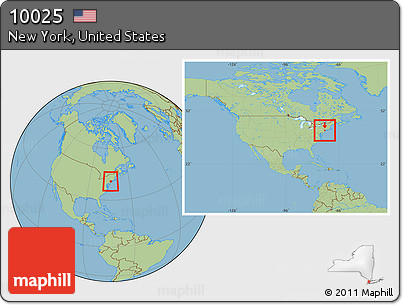 Savanna Style Location Map of ZIP Code 10025, highlighted county, within the entire country