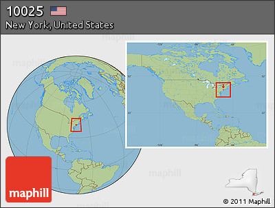 Savanna Style Location Map of ZIP Code 10025, highlighted county, within the entire country