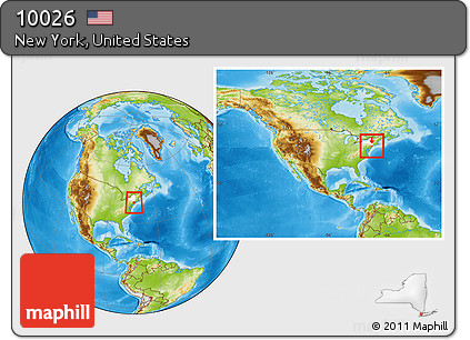 Physical Location Map of ZIP Code 10026, highlighted county, highlighted state, within the entire country