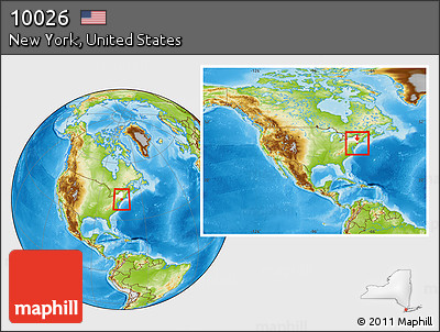 Physical Location Map of ZIP Code 10026, highlighted county, highlighted state, within the entire country