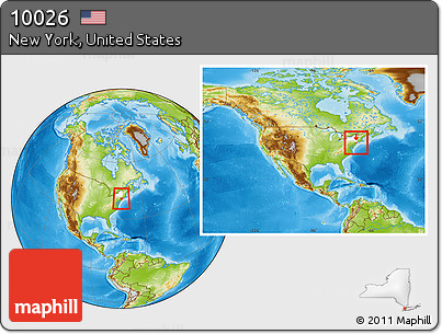 Physical Location Map of ZIP Code 10026, highlighted county, highlighted state, within the entire country