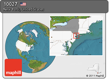 Satellite Location Map of ZIP Code 10027, highlighted country, highlighted state