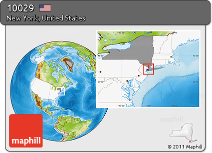Physical Location Map of ZIP Code 10029, highlighted country, highlighted state