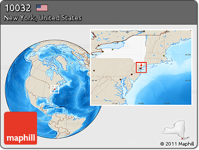 Shaded Relief Location Map of ZIP Code 10032, highlighted county, highlighted state
