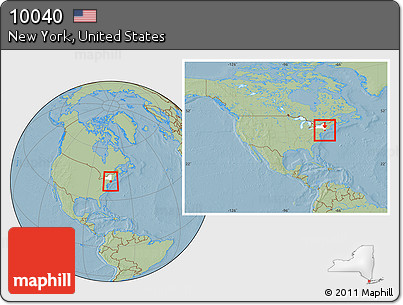 Savanna Style Location Map of ZIP Code 10040, highlighted county, highlighted state, within the entire country, hill shading