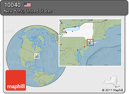 Savanna Style Location Map of ZIP Code 10040, highlighted county, highlighted state, hill shading