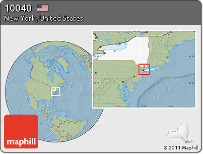 Savanna Style Location Map of ZIP Code 10040, highlighted county, highlighted state, hill shading