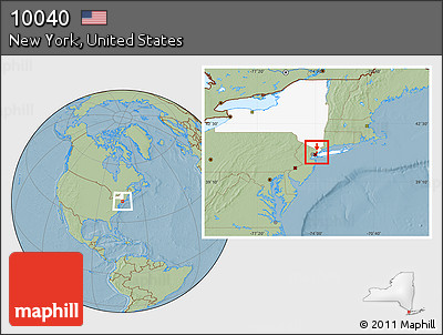 Savanna Style Location Map of ZIP Code 10040, highlighted county, highlighted state, hill shading