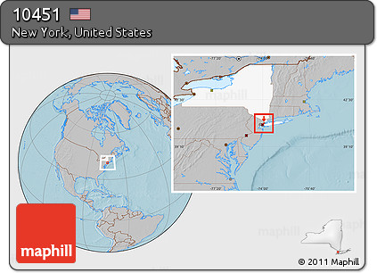 Gray Location Map of ZIP Code 10451, highlighted county, highlighted state, hill shading
