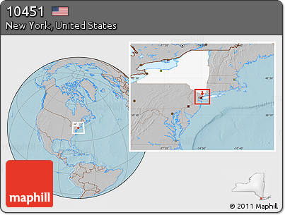Gray Location Map of ZIP Code 10451, highlighted county, highlighted state, hill shading