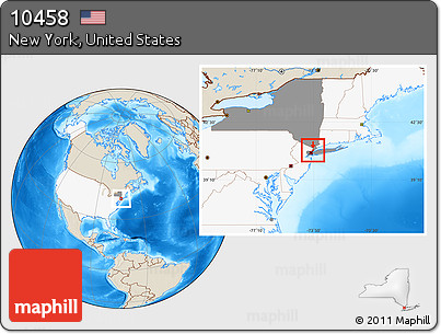 Shaded Relief Location Map of ZIP Code 10458, highlighted country, highlighted state