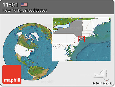 Satellite Location Map of ZIP Code 11801, highlighted country, highlighted state