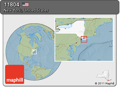 Savanna Style Location Map of ZIP Code 11804, highlighted state, hill shading