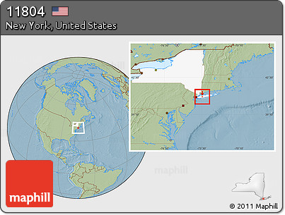 Savanna Style Location Map of ZIP Code 11804, highlighted state, hill shading