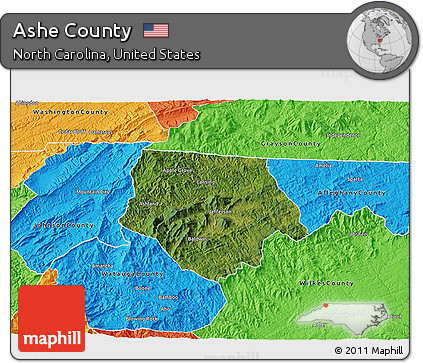 Satellite 3D Map of Ashe County, political outside