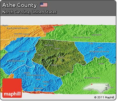 Satellite 3D Map of Ashe County, political outside