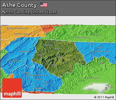 Satellite 3D Map of Ashe County, political outside