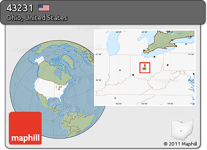 Savanna Style Location Map of ZIP Code 43231, highlighted country, highlighted county, hill shading