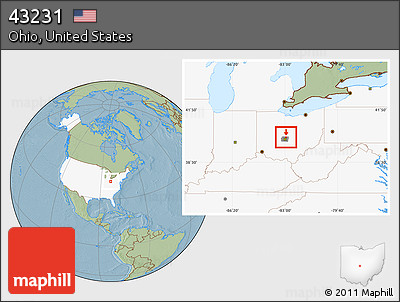 Savanna Style Location Map of ZIP Code 43231, highlighted country, highlighted county, hill shading