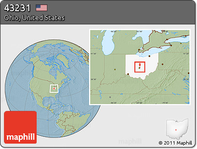 Savanna Style Location Map of ZIP Code 43231, highlighted state, hill shading
