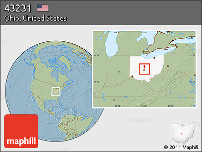 Savanna Style Location Map of ZIP Code 43231, highlighted state, hill shading