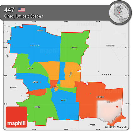 Political Simple Map of ZIP Codes Starting with 447, single color outside, borders and labels