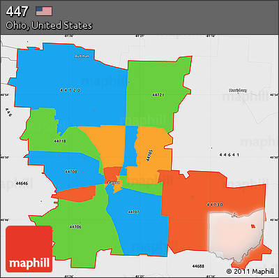 Political Simple Map of ZIP Codes Starting with 447, single color outside, borders and labels