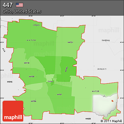 Political Shades Simple Map of ZIP Codes Starting with 447, single color outside, borders and labels