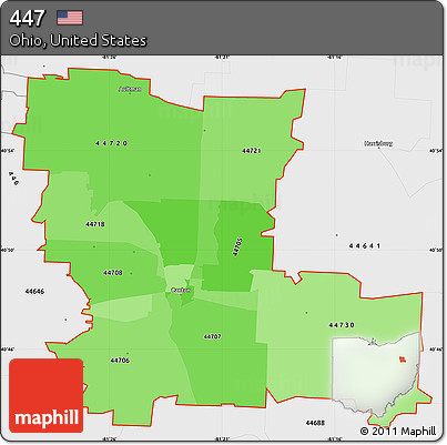 Political Shades Simple Map of ZIP Codes Starting with 447, single color outside, borders and labels