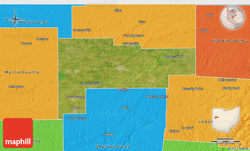 Satellite 3D Map of Auglaize County, political outside