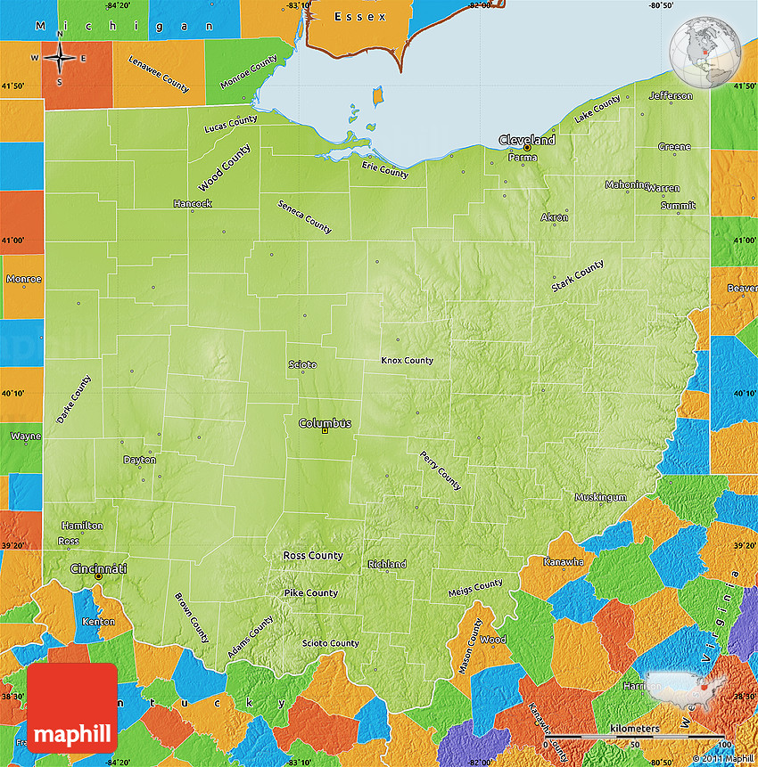 Physical Map of Ohio, political outside
