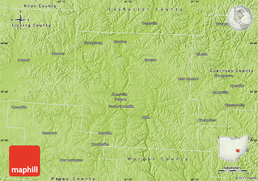 Physical Map of Muskingum County