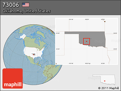 Savanna Style Location Map of ZIP Code 73006, highlighted country, highlighted state, hill shading