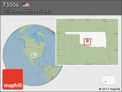 Savanna Style Location Map of ZIP Code 73006, highlighted county, highlighted state, hill shading