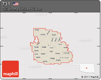 Shaded Relief Map of ZIP Codes Starting with 731, cropped outside