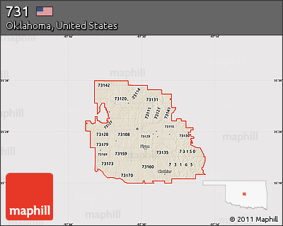 Shaded Relief Map of ZIP Codes Starting with 731, cropped outside