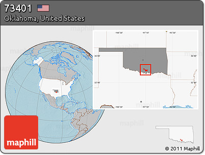 Gray Location Map of ZIP Code 73401, highlighted country, highlighted state, hill shading