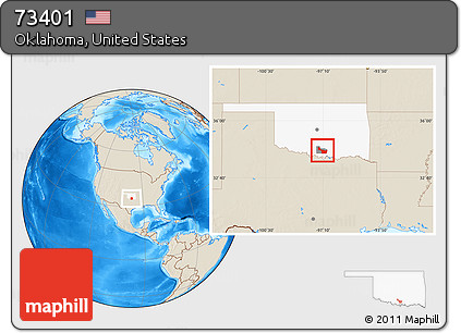 Shaded Relief Location Map of ZIP Code 73401, highlighted county, highlighted state