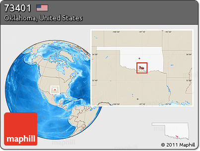 Shaded Relief Location Map of ZIP Code 73401, highlighted county, highlighted state
