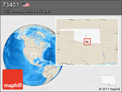 Shaded Relief Location Map of ZIP Code 73401, highlighted county, highlighted state