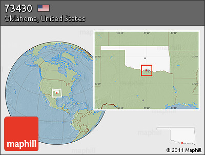 Savanna Style Location Map of ZIP Code 73430, highlighted county, highlighted state, hill shading