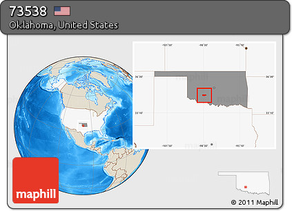 Shaded Relief Location Map of ZIP Code 73538, highlighted country, highlighted state