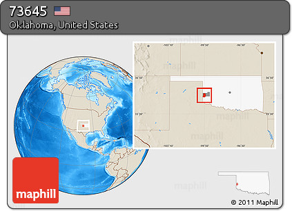 Shaded Relief Location Map of ZIP Code 73645, highlighted county, highlighted state