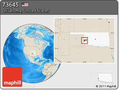 Shaded Relief Location Map of ZIP Code 73645, highlighted county, highlighted state