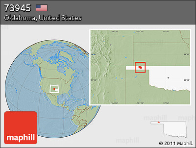 Savanna Style Location Map of ZIP Code 73945, highlighted state, hill shading