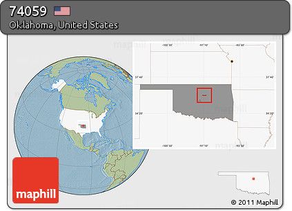 Savanna Style Location Map of ZIP Code 74059, highlighted country, highlighted state, hill shading