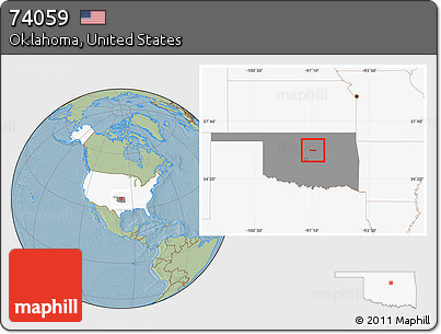 Savanna Style Location Map of ZIP Code 74059, highlighted country, highlighted state, hill shading