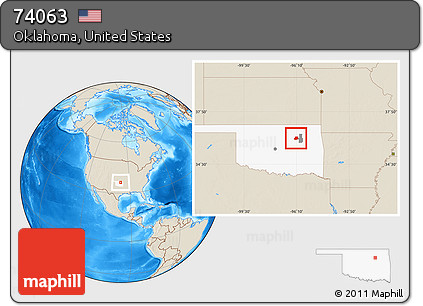Shaded Relief Location Map of ZIP Code 74063, highlighted county, highlighted state