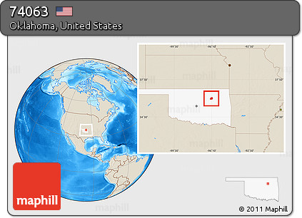 Shaded Relief Location Map of ZIP Code 74063, highlighted state